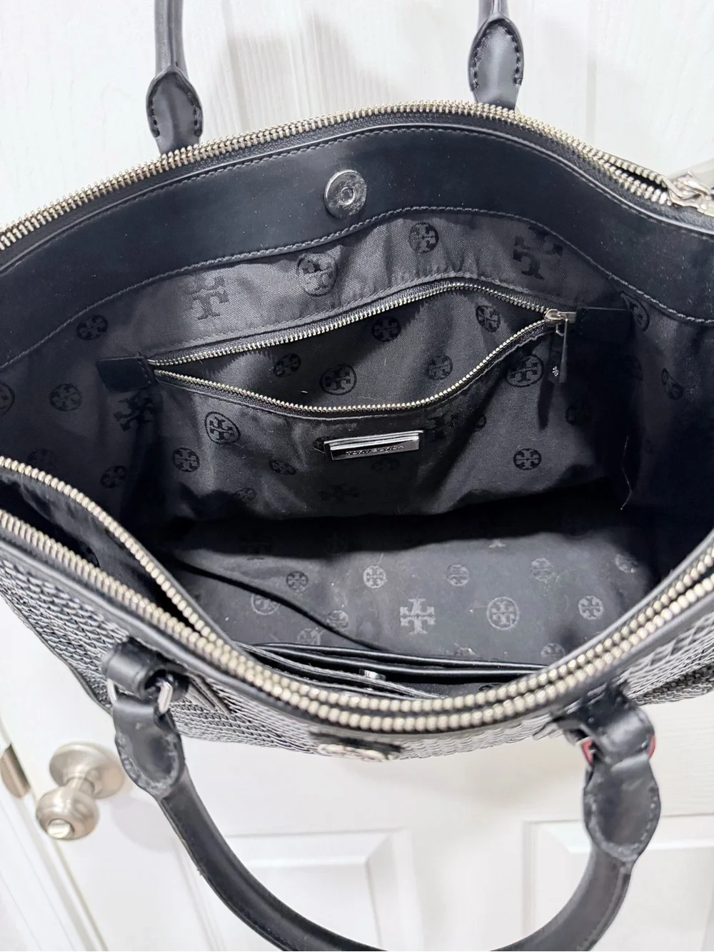 Tory Burch Robinson Black Woven Leather Top-Handle Satchel